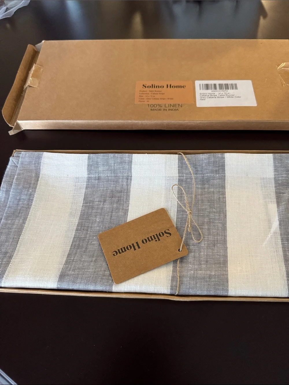 Solino Home Table Runner 72 Inches Long - Amalfi Stripe, 100% Pure Linen Grey